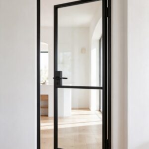 Puerta abatible de acero y cristal