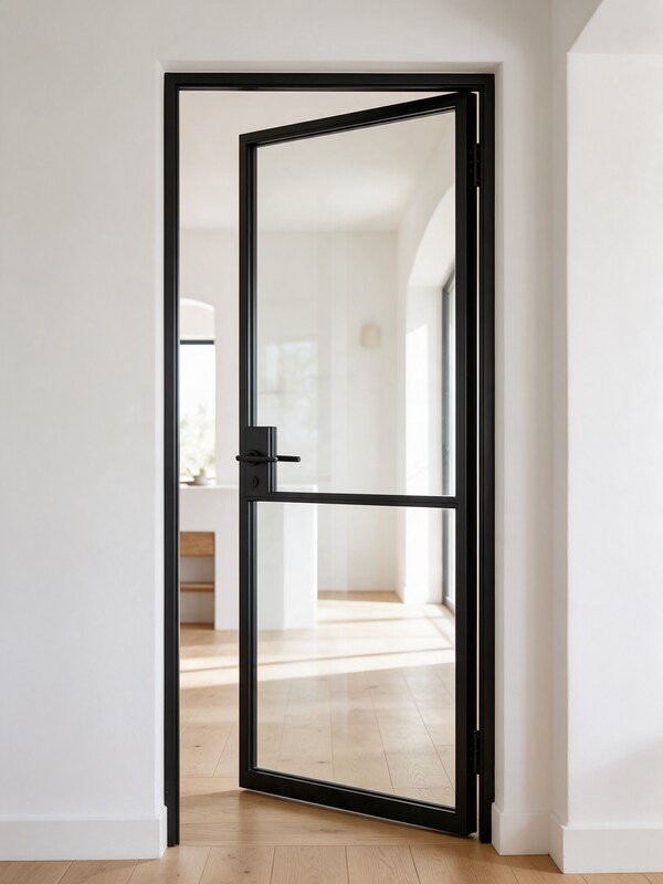 Puerta abatible de acero y cristal