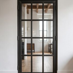 Puerta de acero estilo industrial con retícula