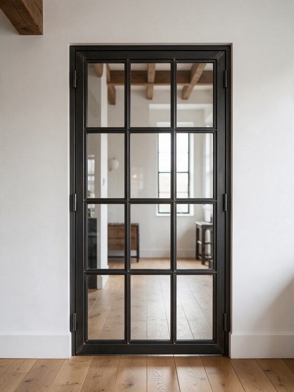 Puerta de acero estilo industrial con retícula