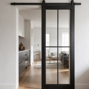 Puerta corredera de acero y cristal