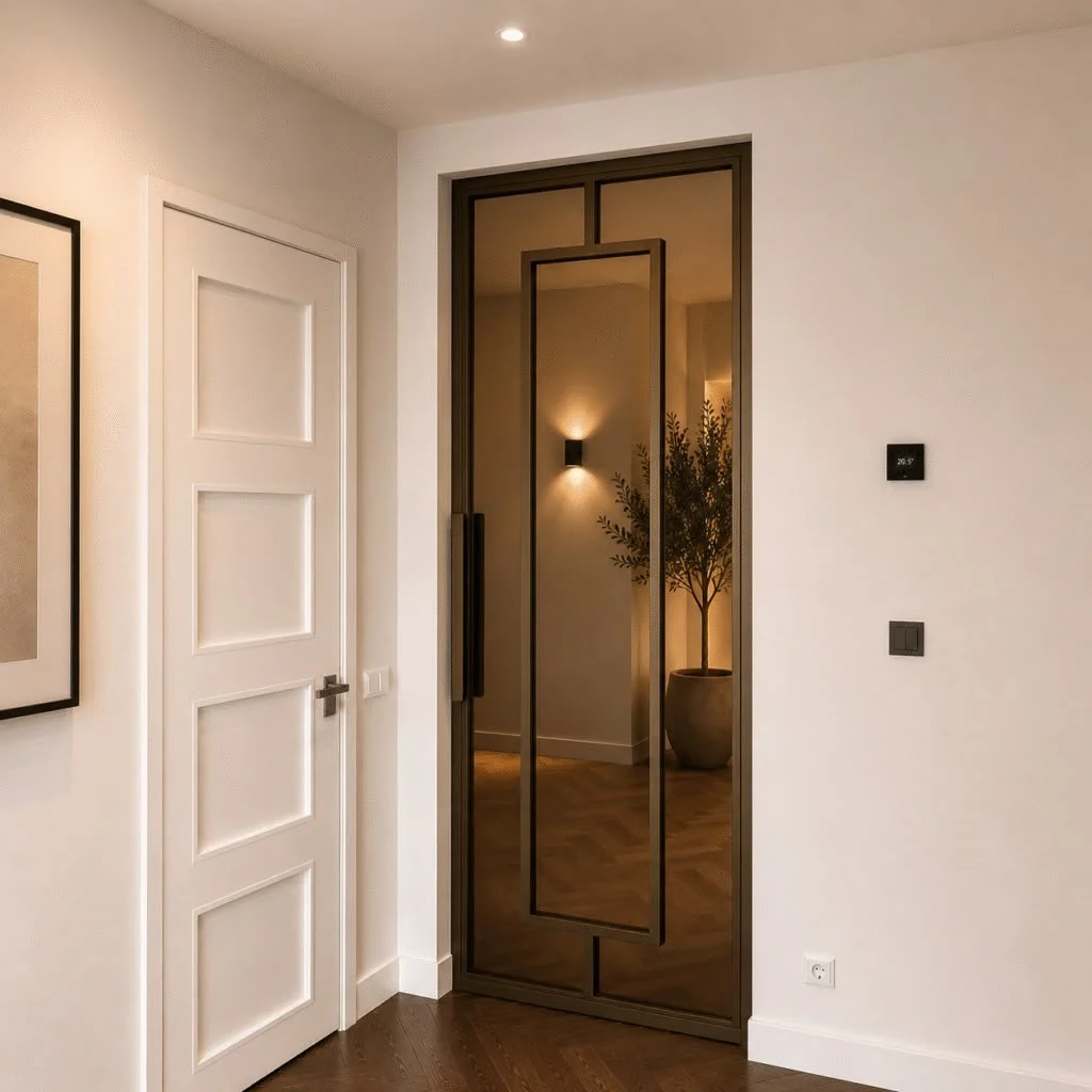 Puerta pivotante de acero bronce con cristal ahumado y diseño Elegant