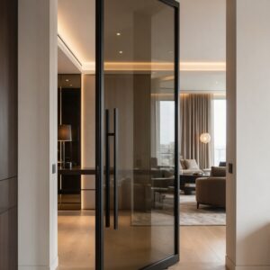 Puerta pivotante de acero con cristal ahumado