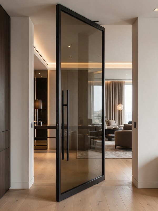 Puerta pivotante de acero con cristal ahumado
