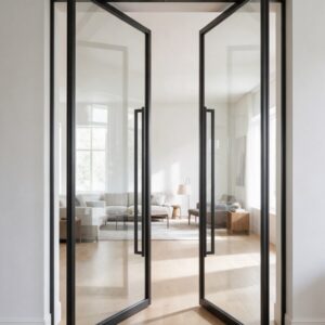 Puerta pivotante doble de acero y cristal